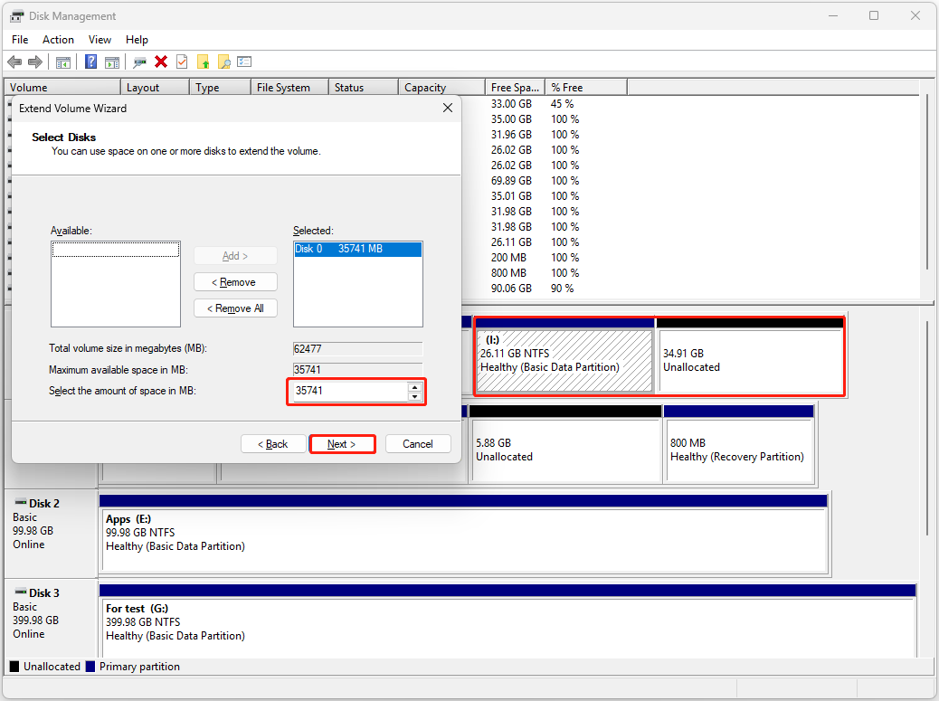 Extend Volume Wizard in Disk Management showing the space allocation box.