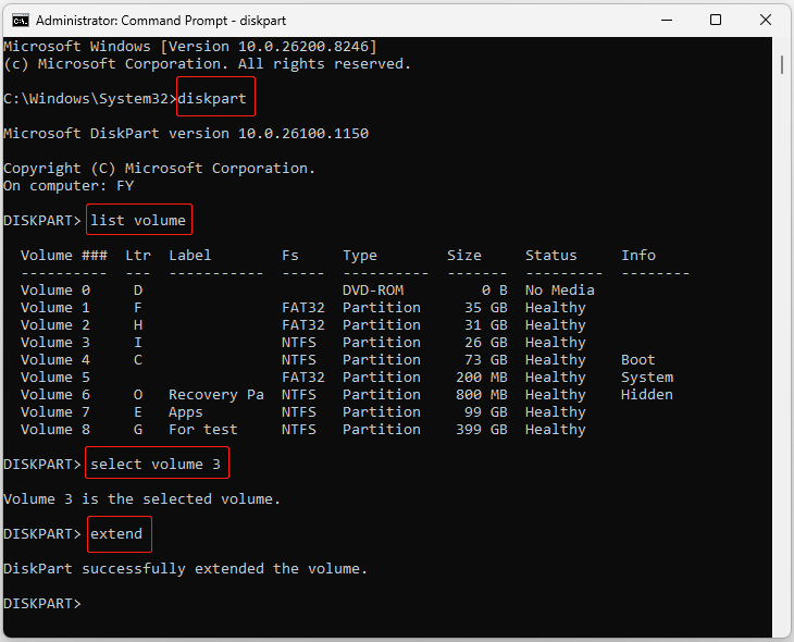 DiskPart commands in the Command Prompt window to extend the volume 3.