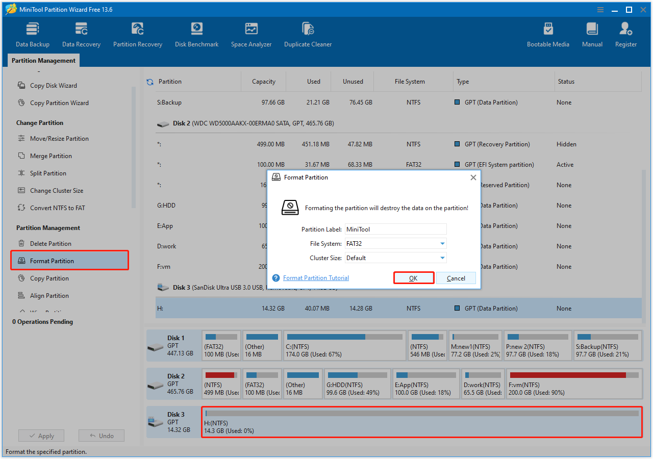 Format Partition interface in MiniTool Partition Wizard showing the file system selection screen.