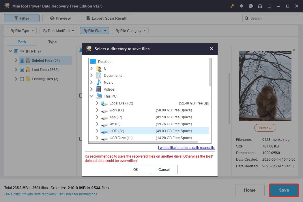 MiniTool Power Data Recovery file saving interface showing available storage paths.
