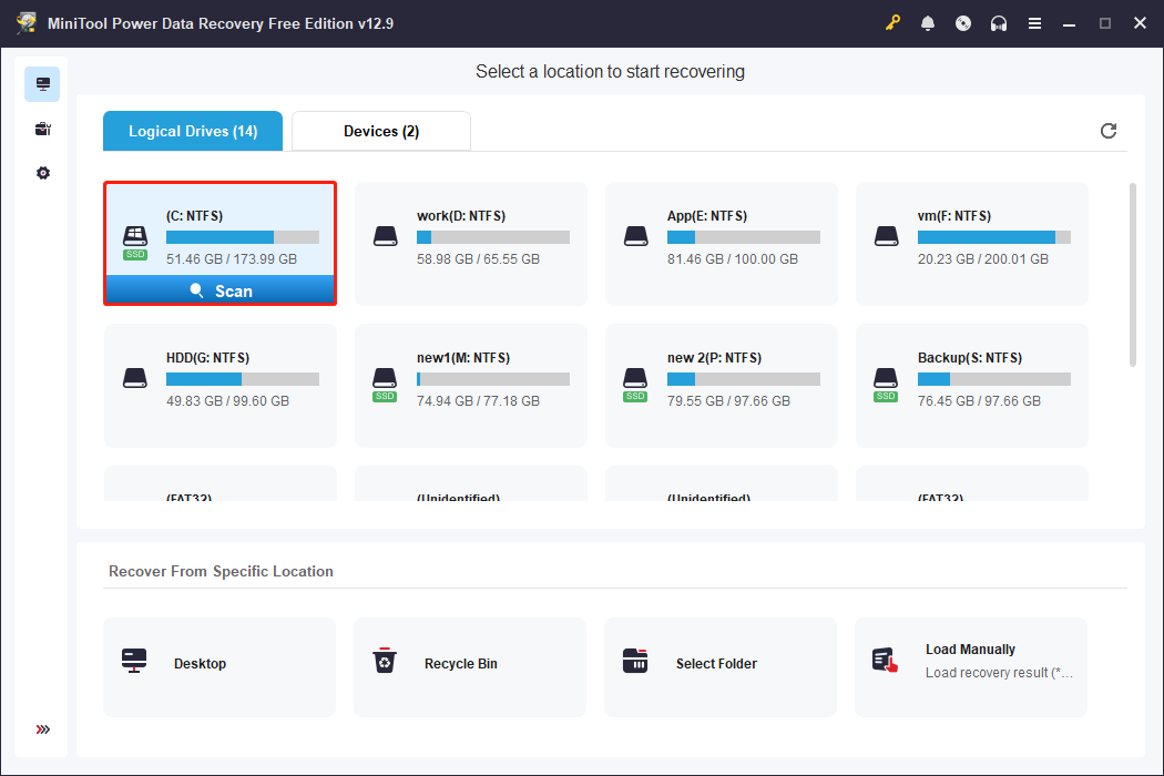 MiniTool Power Data Recovery main interface showing detected partitions.