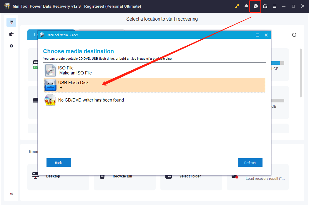 MiniTool Power Data Recovery interface showing how to create a bootable media.