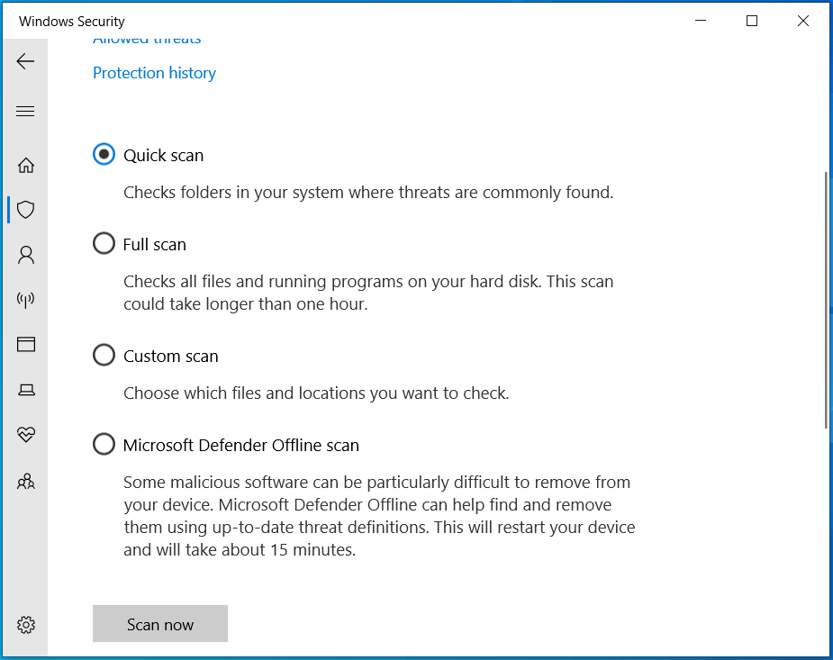 The Windows Security window with Quick Scan selected.