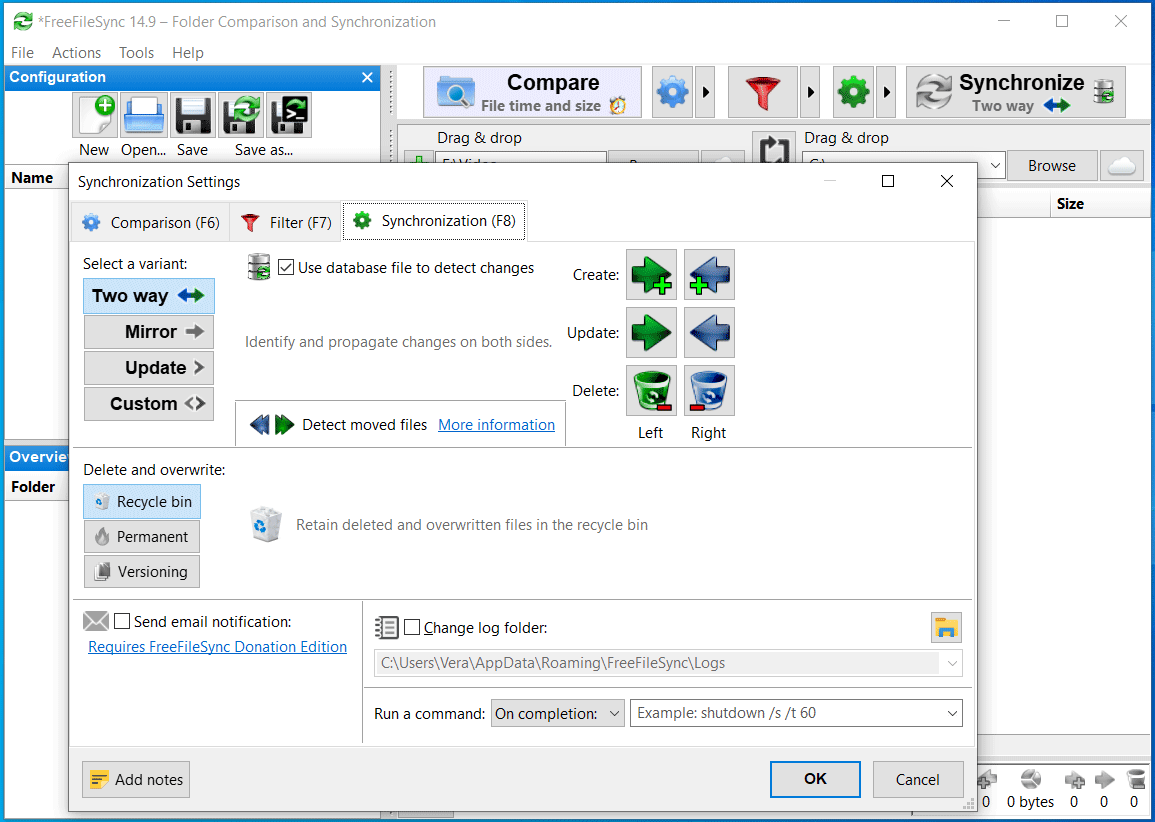 The interface of FreeFileSync with 4 sync options.