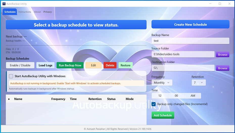 The Schedules window in AutoBackup Utility.