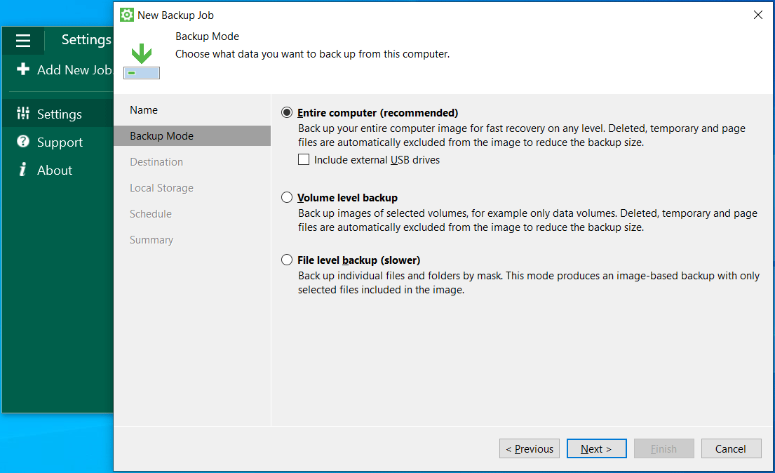 Veeam Agent for Microsoft Windows showing a new backup job setup.