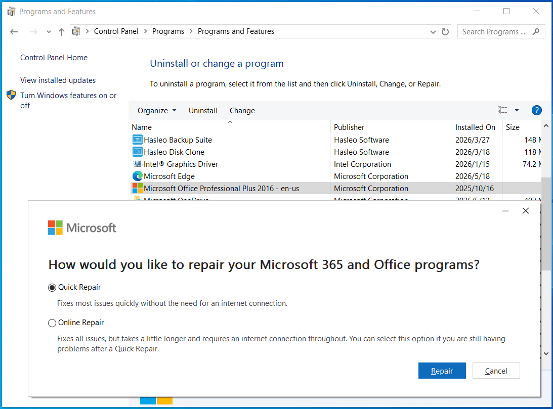The Programs and Features window in Control Panel with a pop-up to repair Microsoft Office.