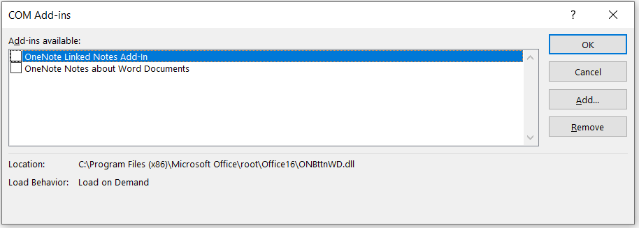 The COM Add-ins window for Microsoft Office to uncheck any add-ins.