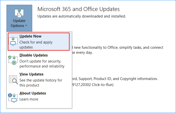 The Update Options menu with Update Now selected to update Microsoft Office.