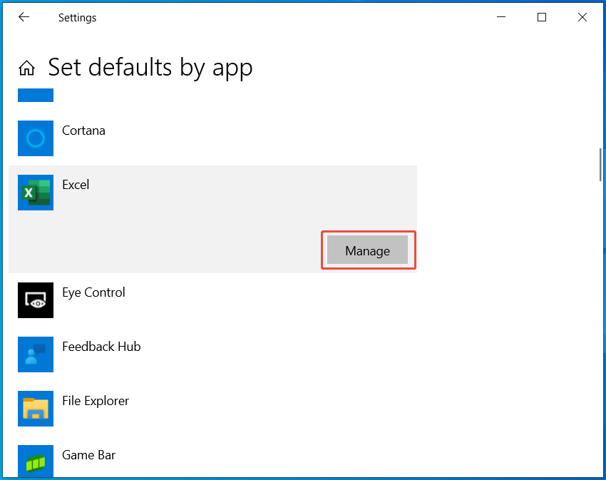 The Set defaults by app window with the Manage button selected for Excel.