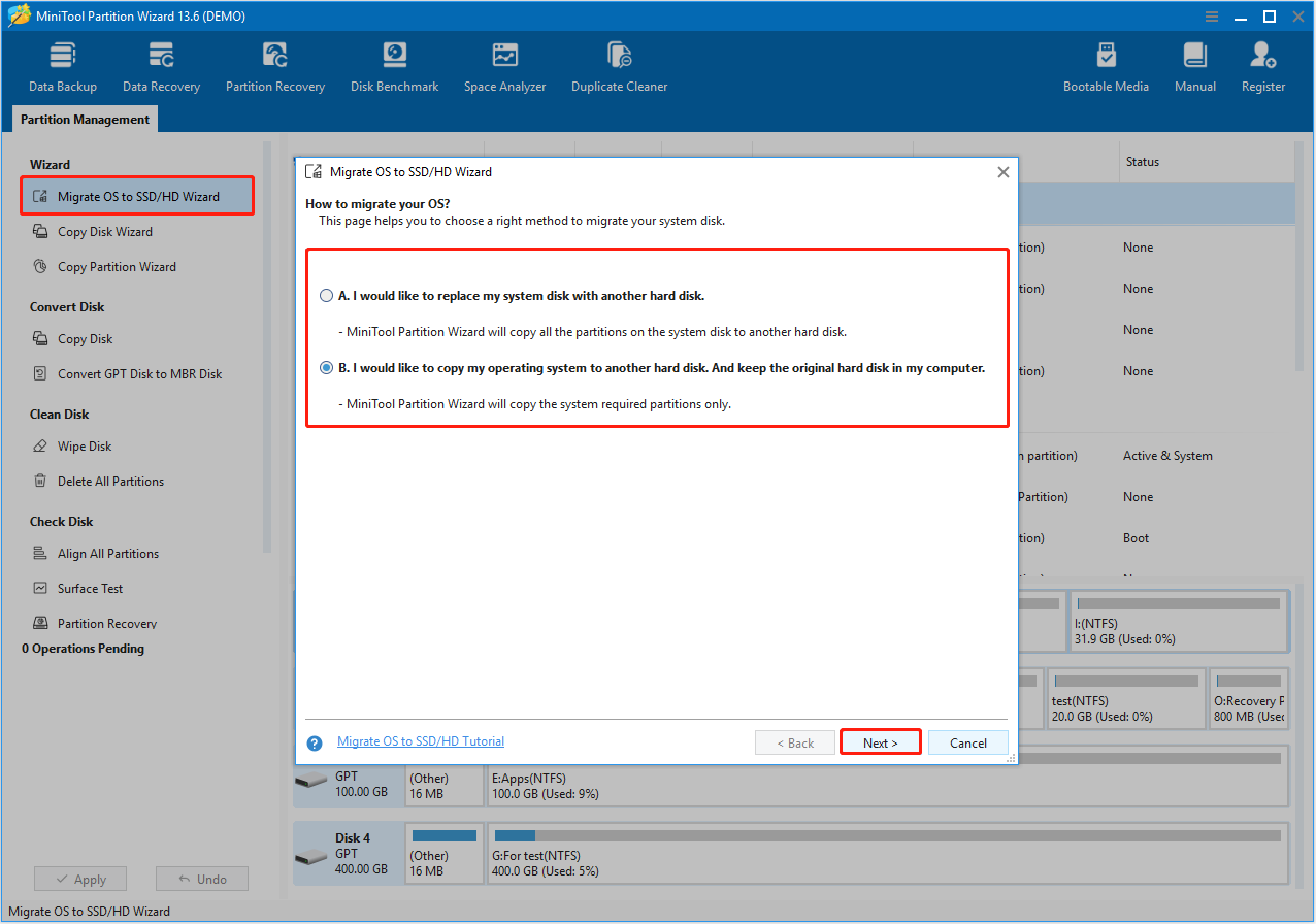 Migrate OS to SSD/HD Wizard in MiniTool Partition Wizard showing the two migration methods.