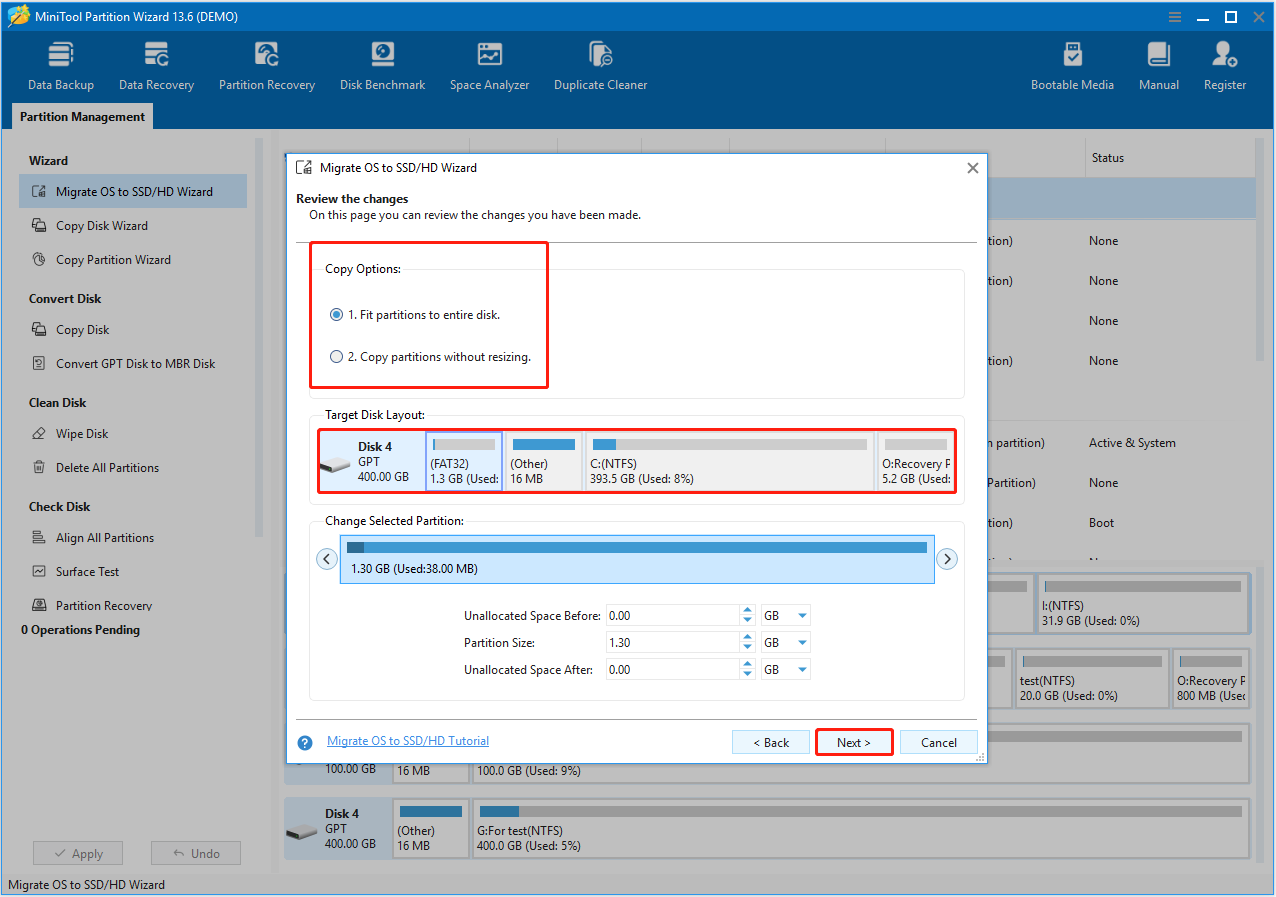 Migrate OS to SSD/HD Wizard in MiniTool Partition Wizard showing two copy options.