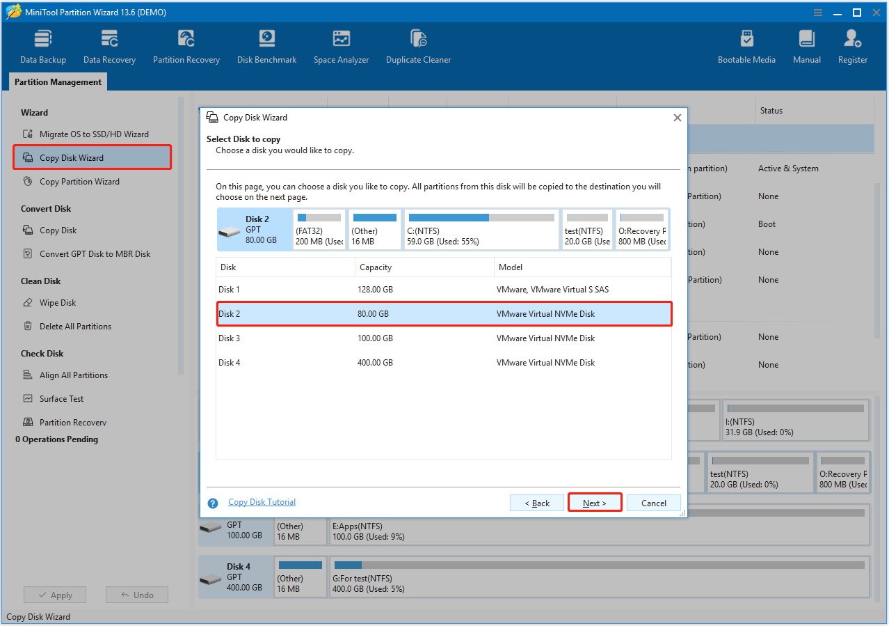 MiniTool Partition Wizard Copy Disk Wizard showing the source disk selection screen.