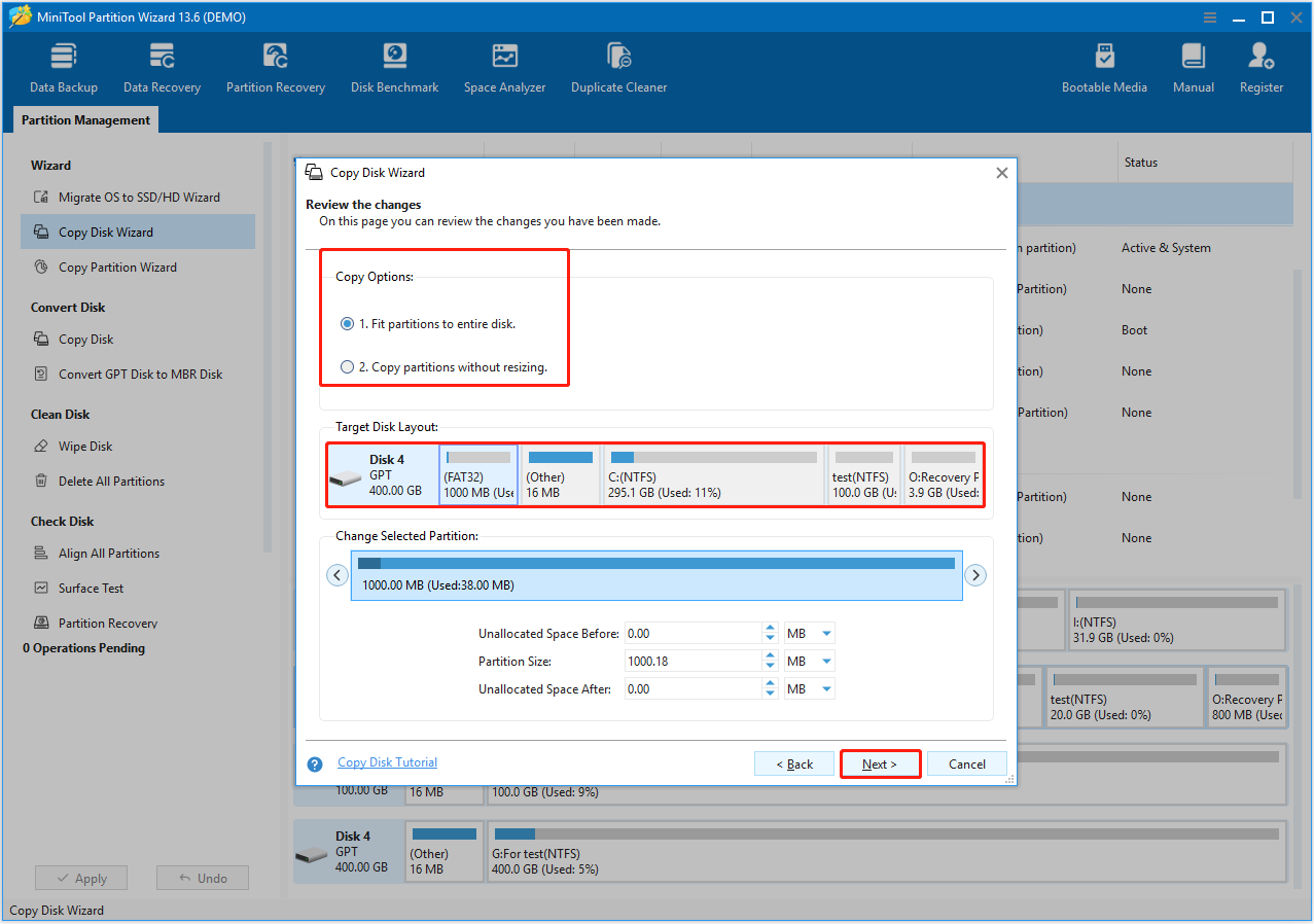 MiniTool Partition Wizard Copy Disk Wizard showing two copy options.