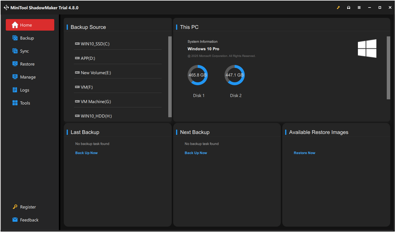 The interface of MiniTool ShadowMaker.
