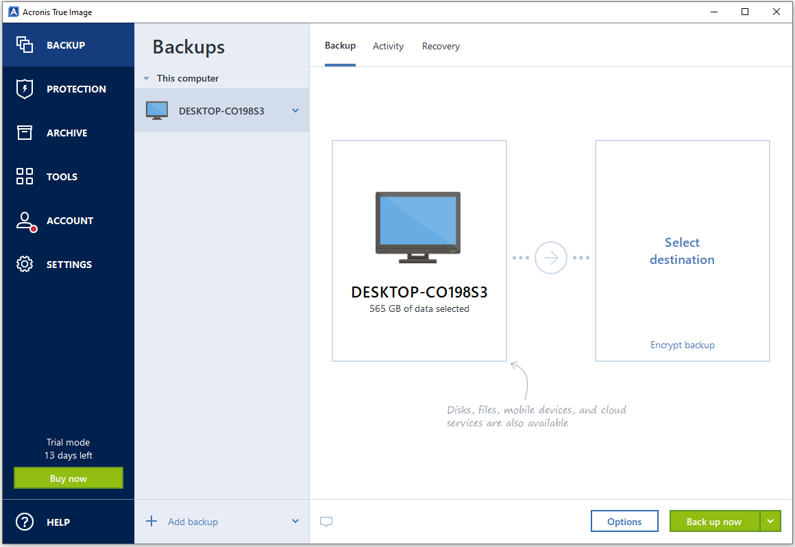The interface of Acronis True Image.