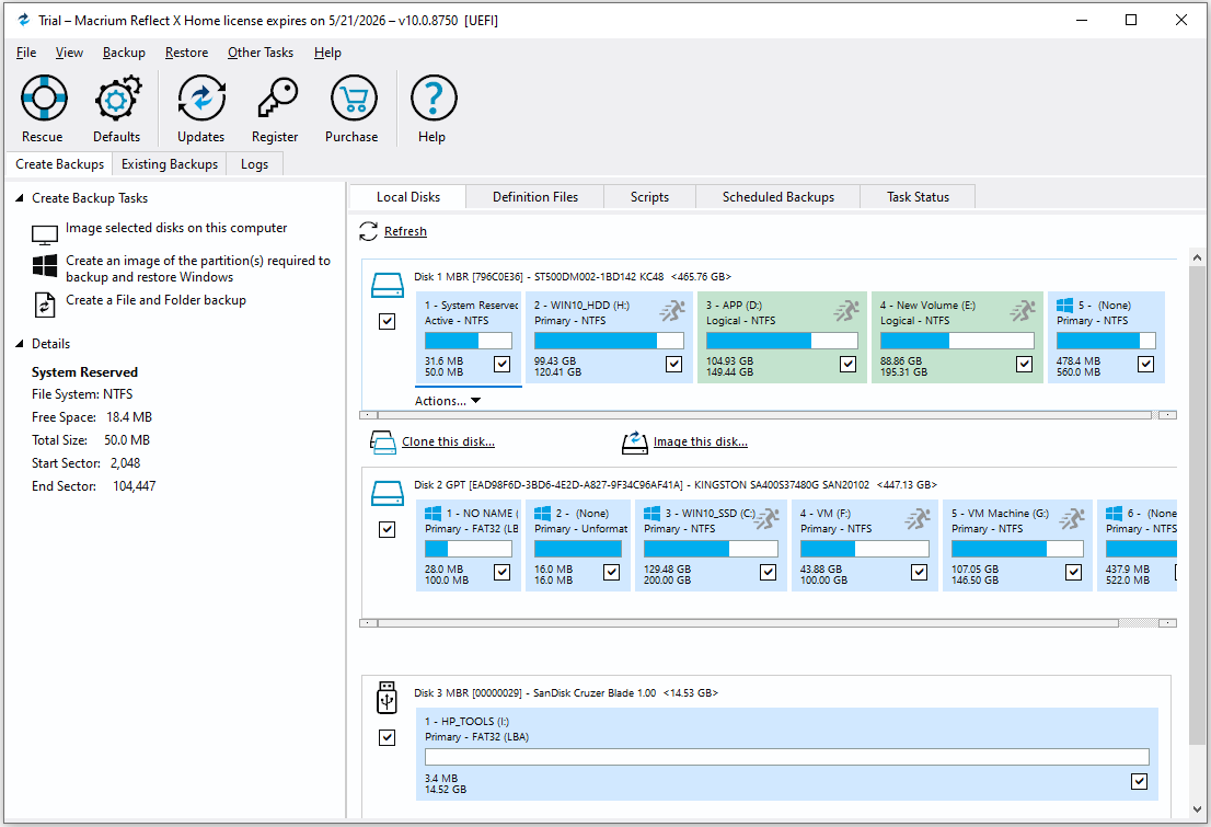 The interface of Macrium Reflect.