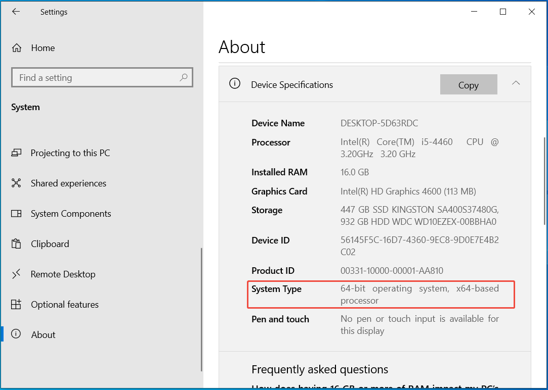 The About page in Windows Settings showing system type.