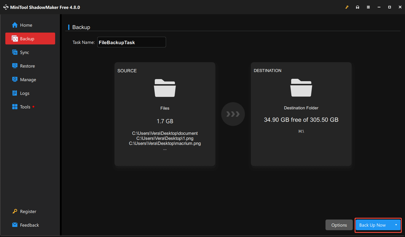 The Backup tab in MiniTool ShadowMaker showing backup source and destination and the selected Back Up Now button.