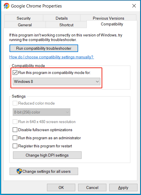 The screenshot showing how to run programs in compatibility mode.