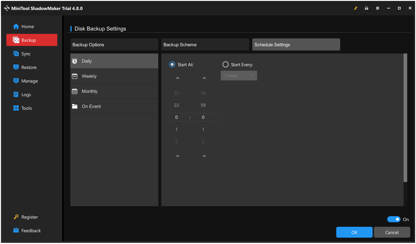 The Scheduled Settings options in the Disk Backup Settings page of MiniTool ShadowMaker.