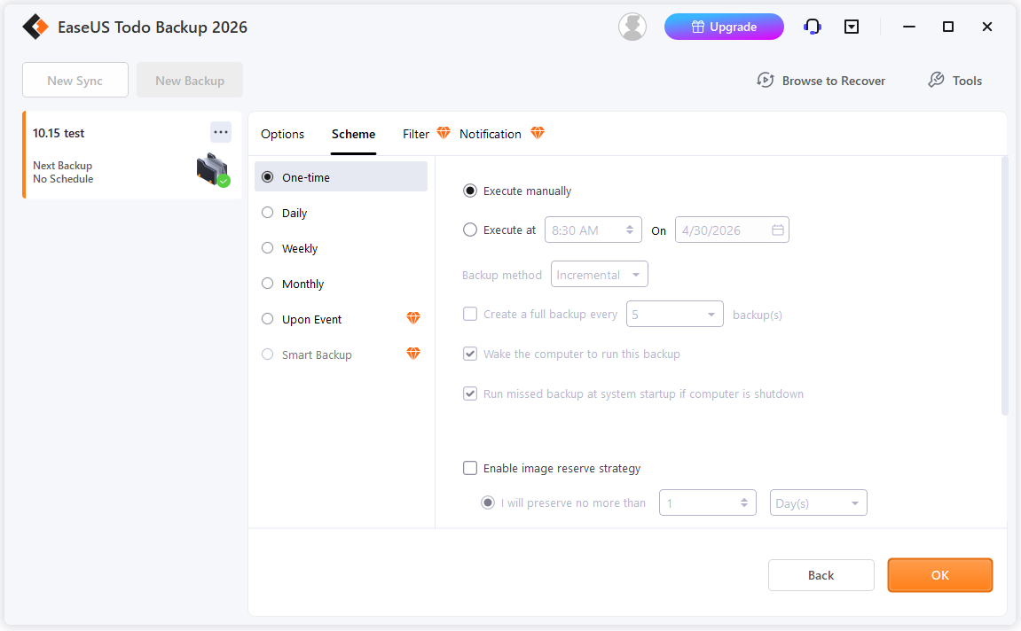 The Scheme options in the Options page of EaseUS Todo Backup.