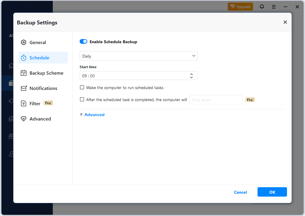 The Schedule tab in Backup Settings of AOMEI Backupper.