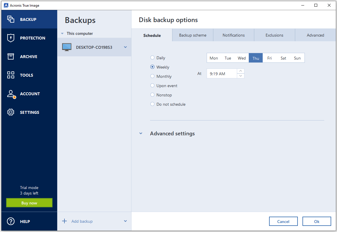 The Disk backup options of Acronis True Image.