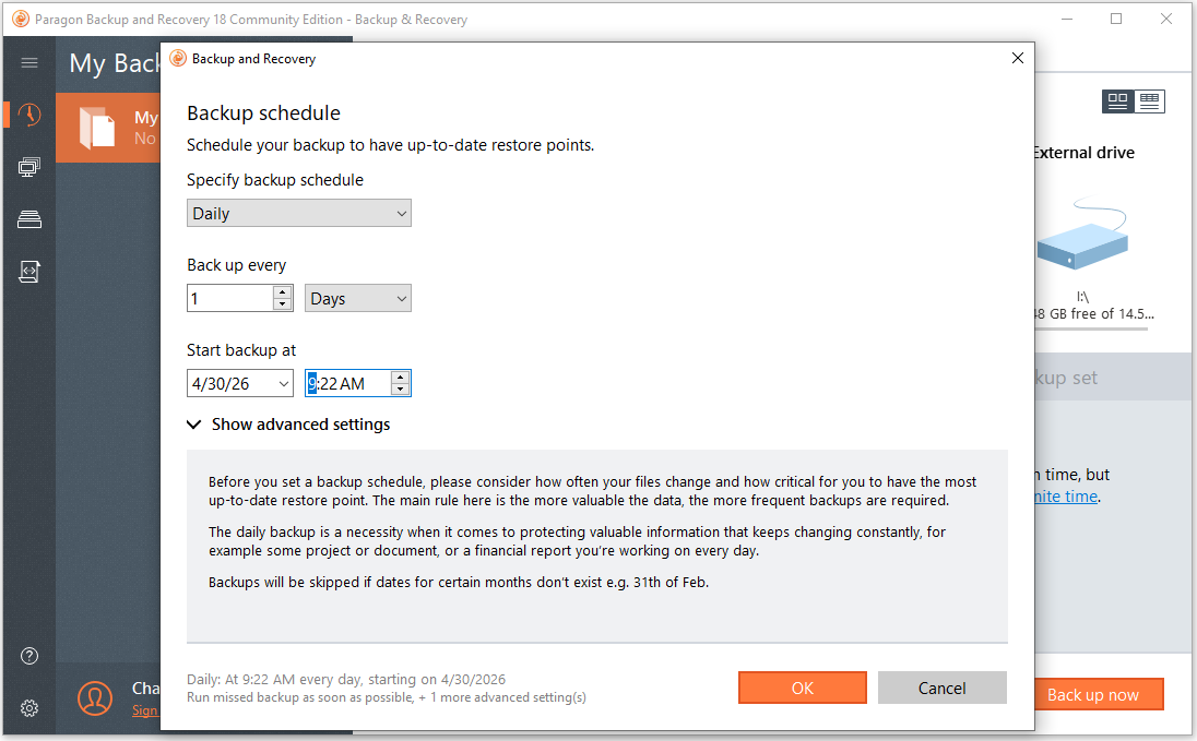 The Backup schedule window of Paragon Backup and Recovery.