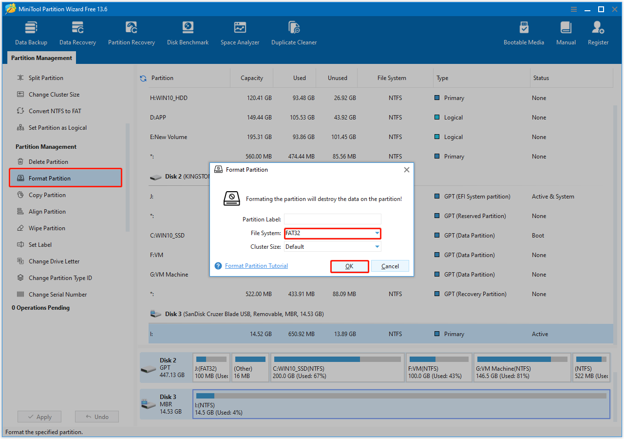 The interface of MiniTool Partition Wizard with selected Format Partition, FAT32, and OK.