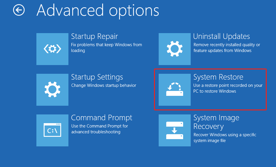 Advanced options window showing the System Restore option.