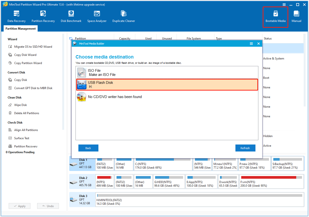 MiniTool Partition Wizard interface showing the Bootable Media Builder screen.
