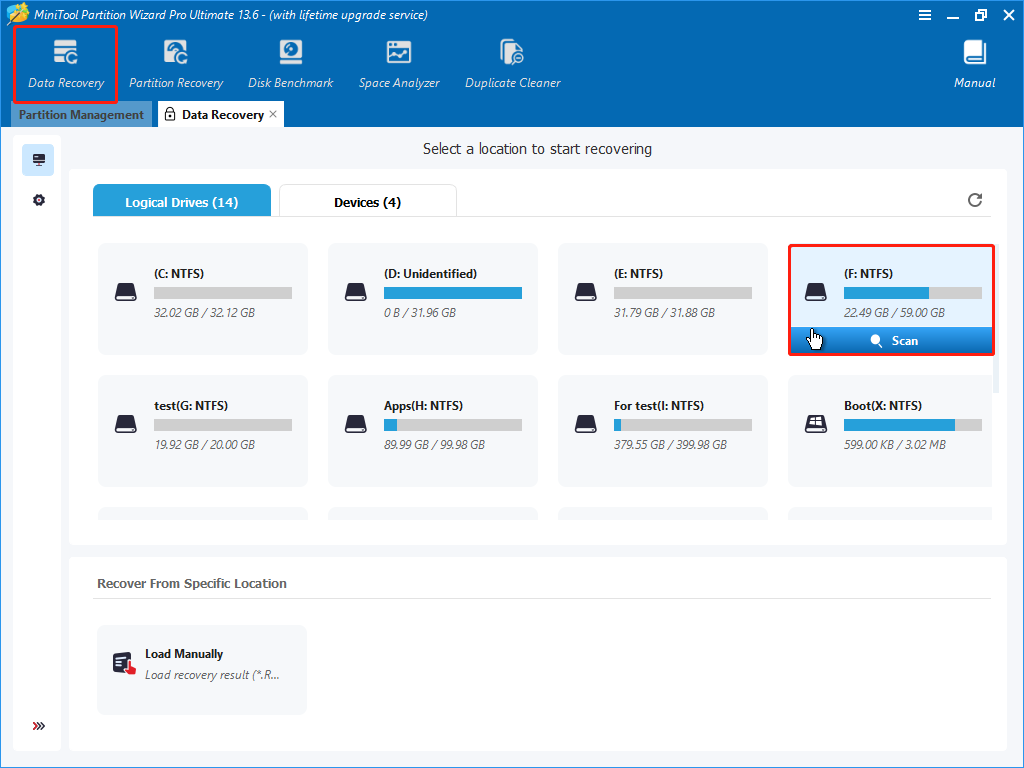 MiniTool Partition Wizard interface showing the Data Recovery window.