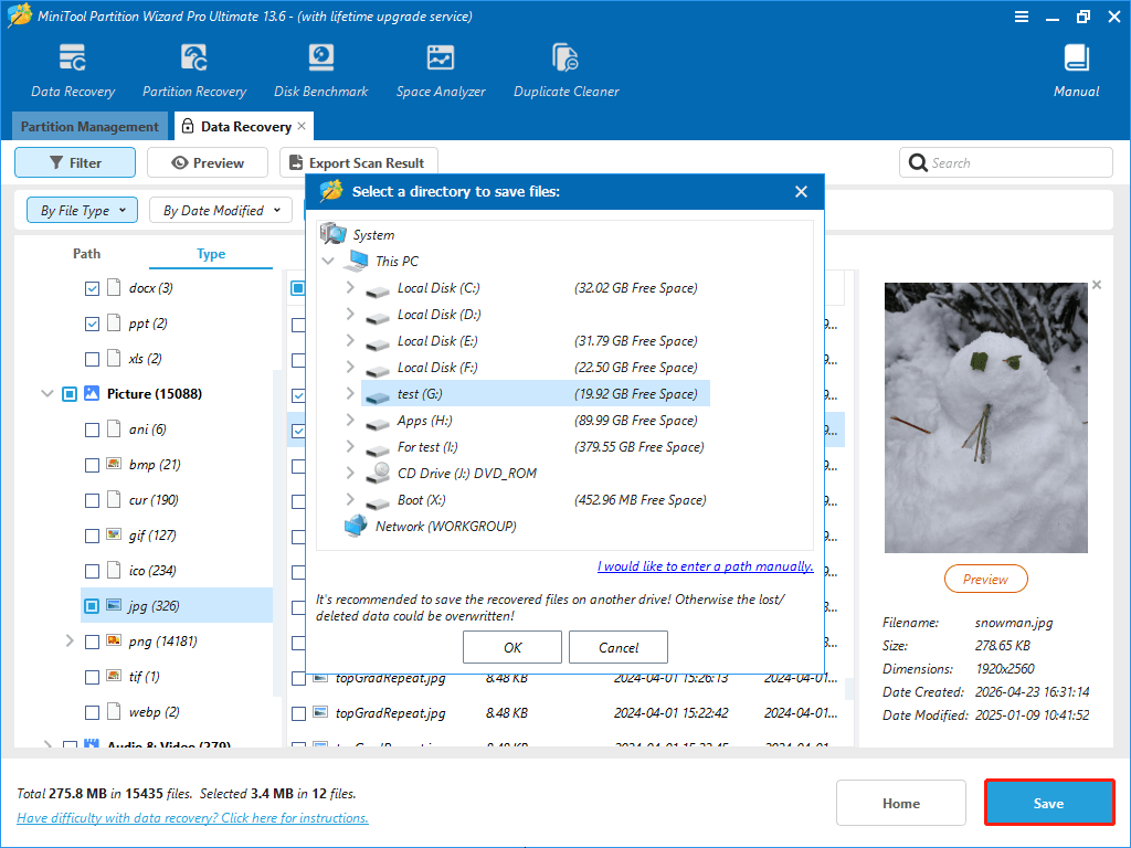 MiniTool Partition Wizard interface showing the Save button and the file saving locations.
