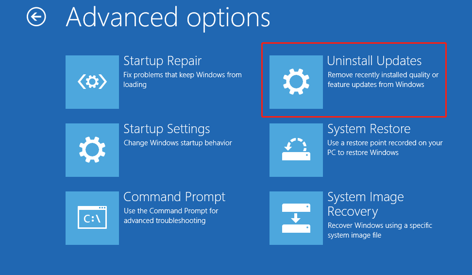 Advanced options screen showing the Uninstall Updates option.