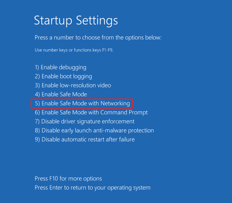 Startup Settings window showing the Enable Safe Mode with Networking option.
