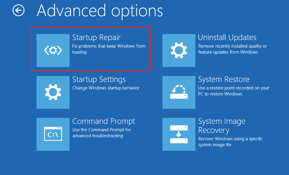 Advanced options window showing the Startup Repair option.