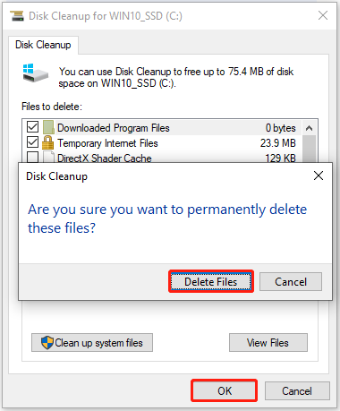 Haz clic en Aceptar y elimina los archivos en Liberador de espacio en disco.