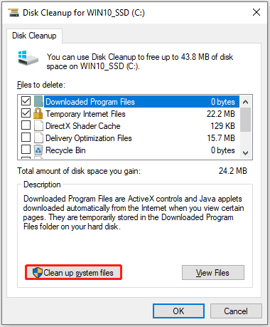 Haga clic en Limpiar archivos del sistema en la ventana Liberador de espacio en disco.