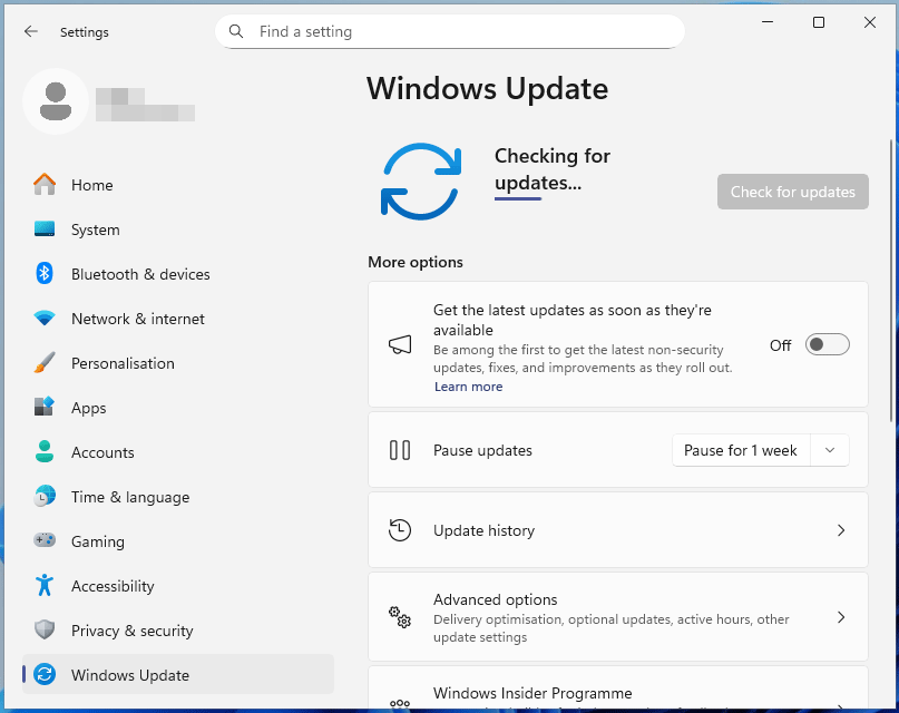The Windows Update tab to check for available Windows 11 updates.