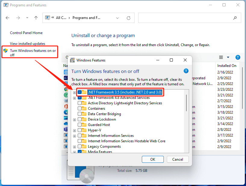 The Windows Features interface to install .NET Framework 3.5.