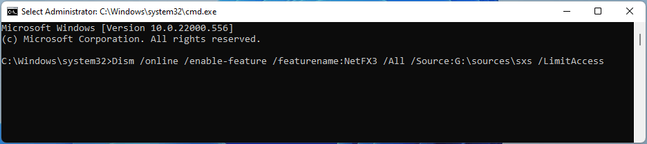 The Command Prompt window to run a DISM command to install .NET Framework.