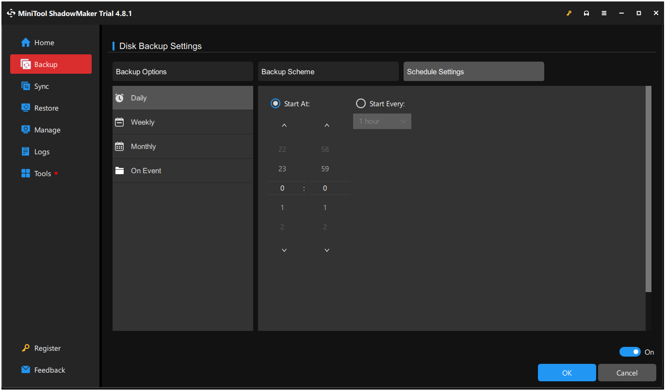The Schedule Settings page in MiniTool ShadowMaker.