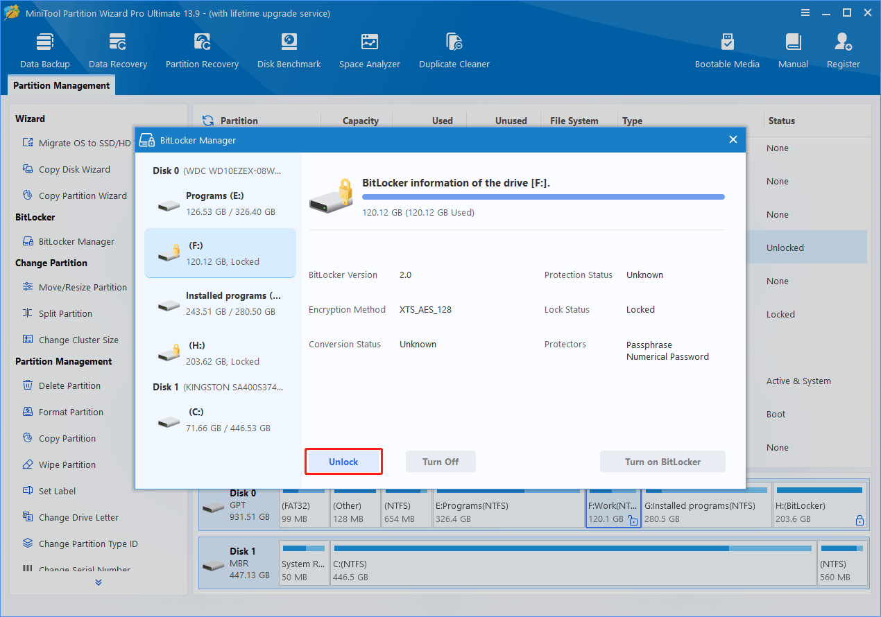 MiniTool Partition Wizard interface with BitLocker Manager window opened and the Unlock button highlighted.