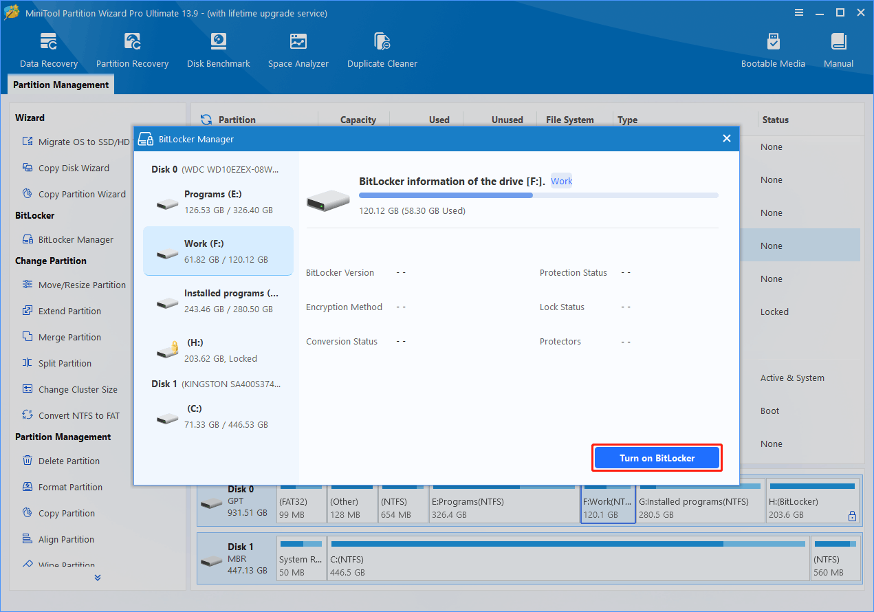 MiniTool Partition Wizard interface with BitLocker Manager window opened, and the Turn on BitLocker button highlighted.