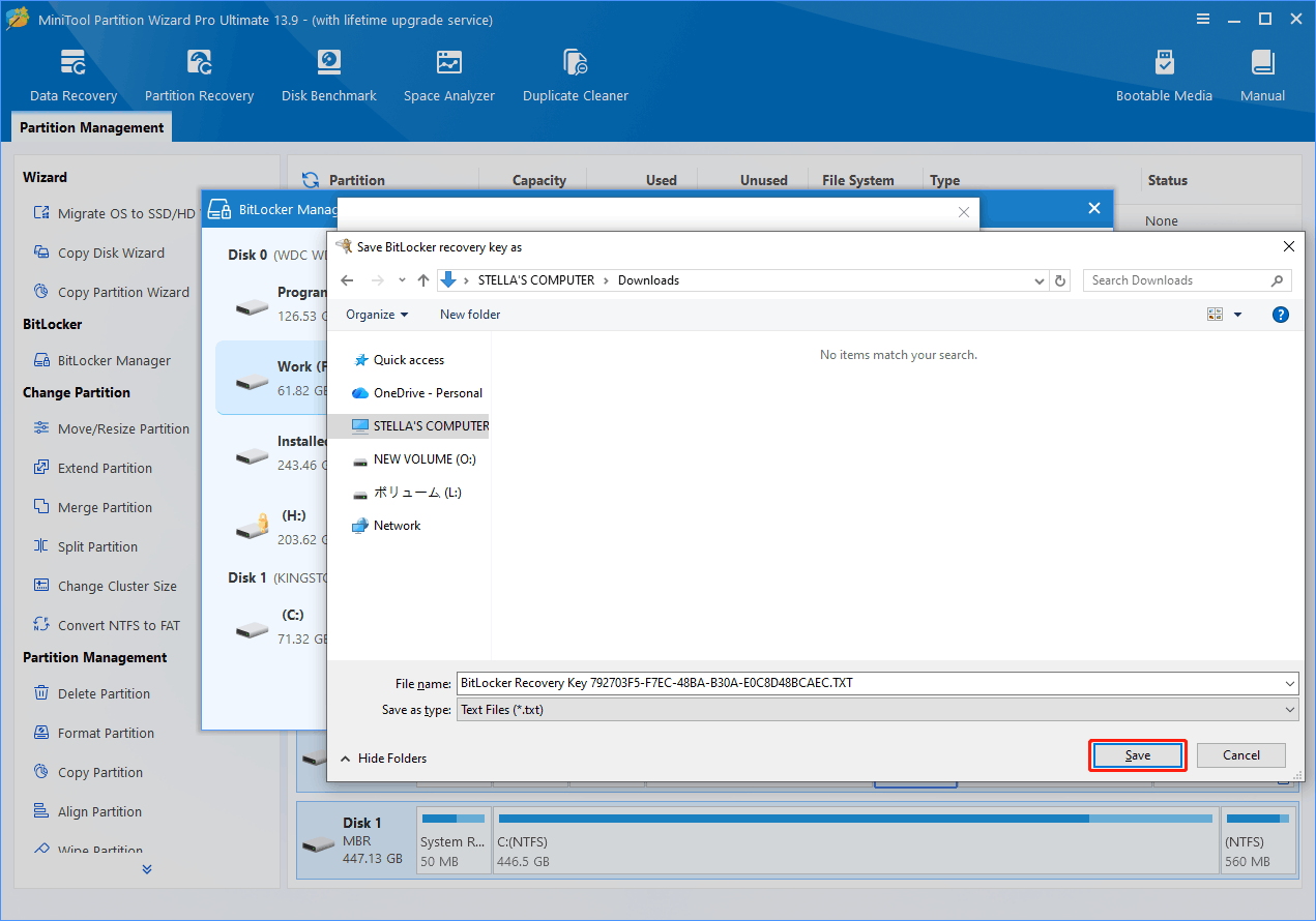 The BitLocker Drive Encryption window where to choose a path to save the recovery key.