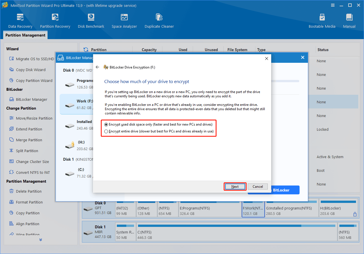 The BitLocker Drive Encryption window where to choose how much of the drive to encrypt.