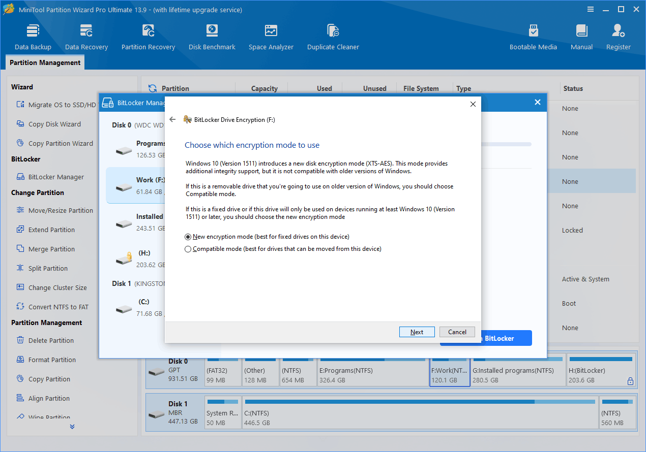 The BitLocker Drive Encryption window where to choose an encryption mode.