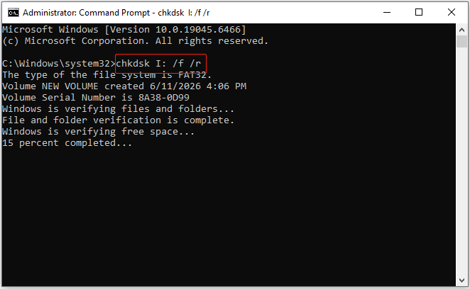 Command Prompt interface showing the CHKDSK command with the /f and /r parameters.