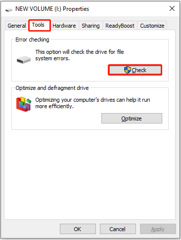 Disk properties window showing the Error checking button under the Tools tab.